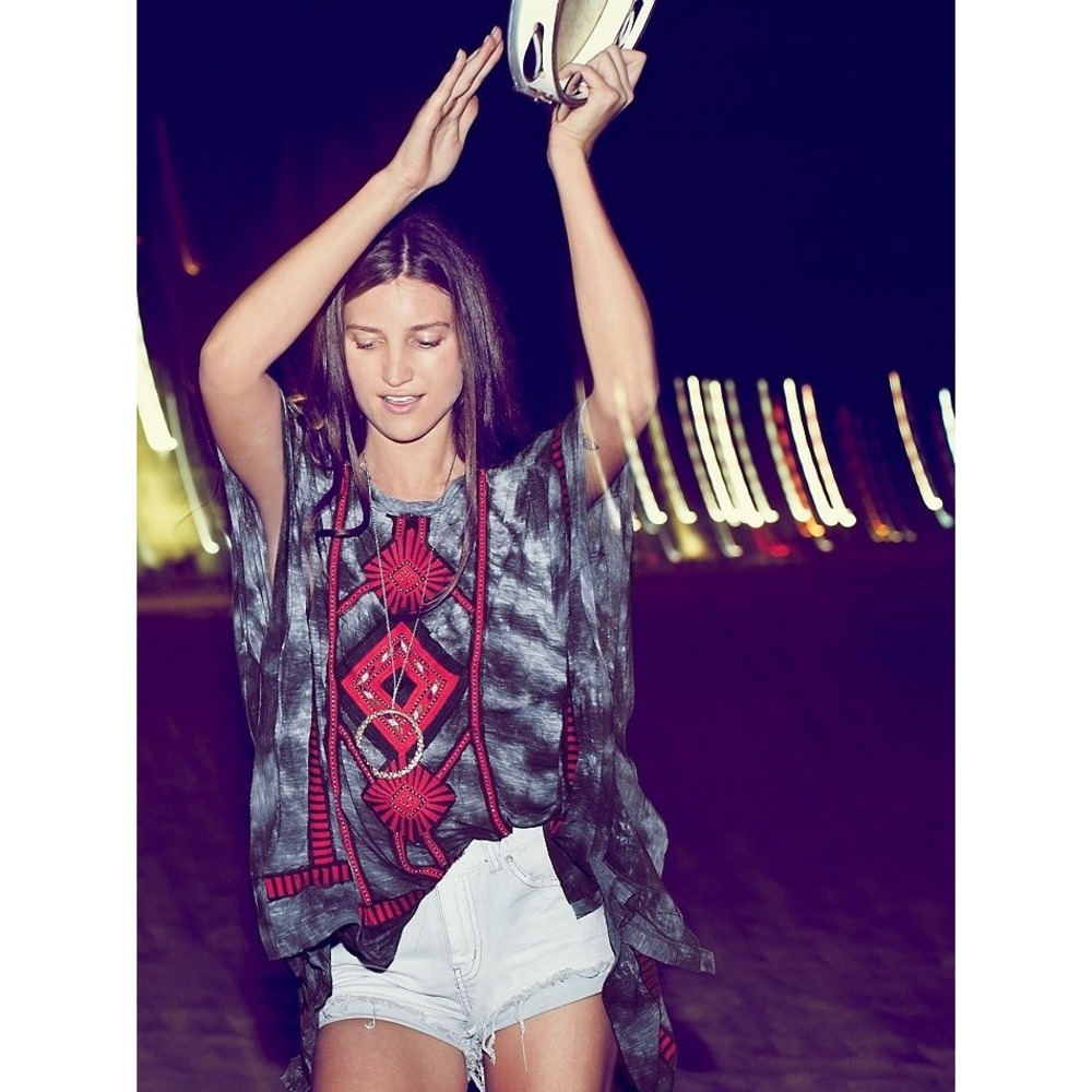 Free People Grey Tie Dye Embroidered Sequin Boho Tunic Top Womens Large L